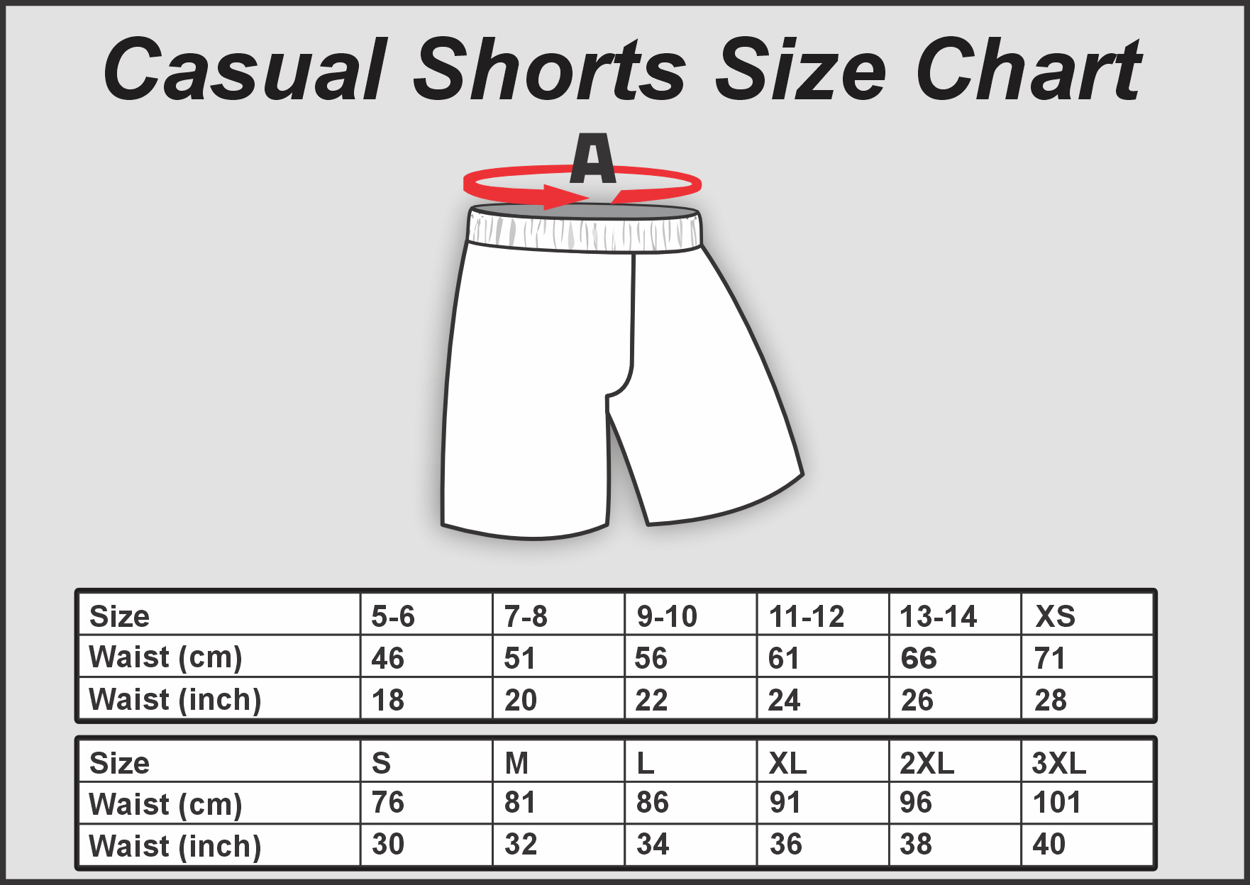 Casual Shorts Size Chart