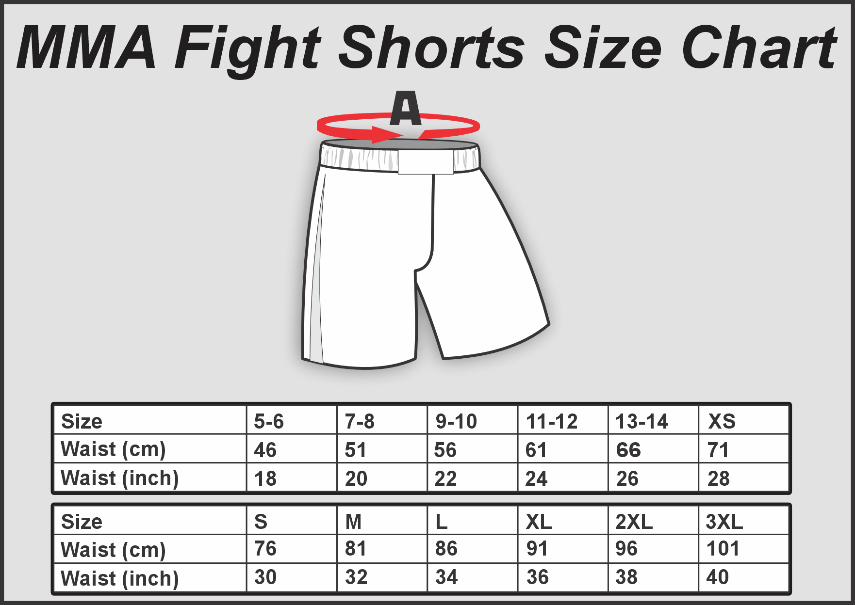 MMA Fight Shorts Size Chart