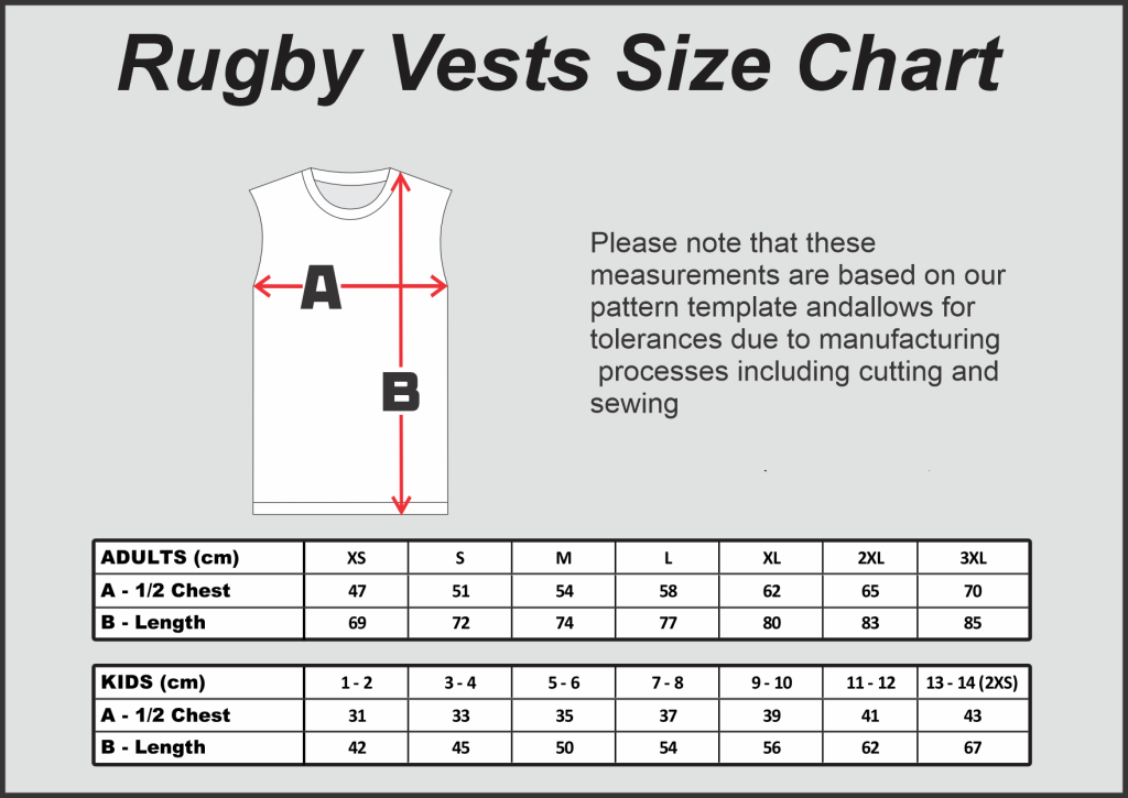 Rugby Vests Size Chart
